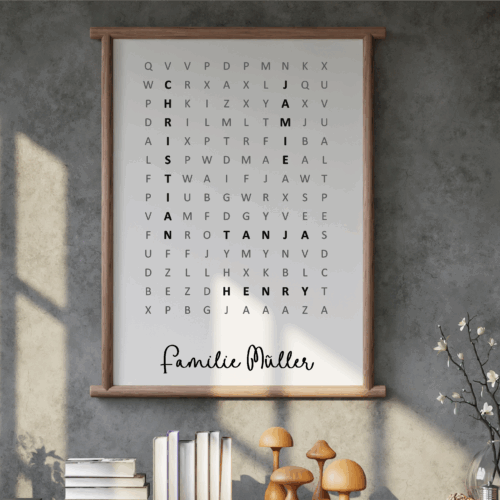 Kreuzworträtsel Familienposter personalisierten - Geschenk zum Einzug - Familien Suchbild - Wandbild - Buchstaben F001